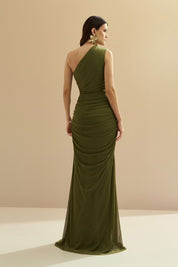 Vestido Longo com Ombro Único e Franzidos - Lugano Oliva
