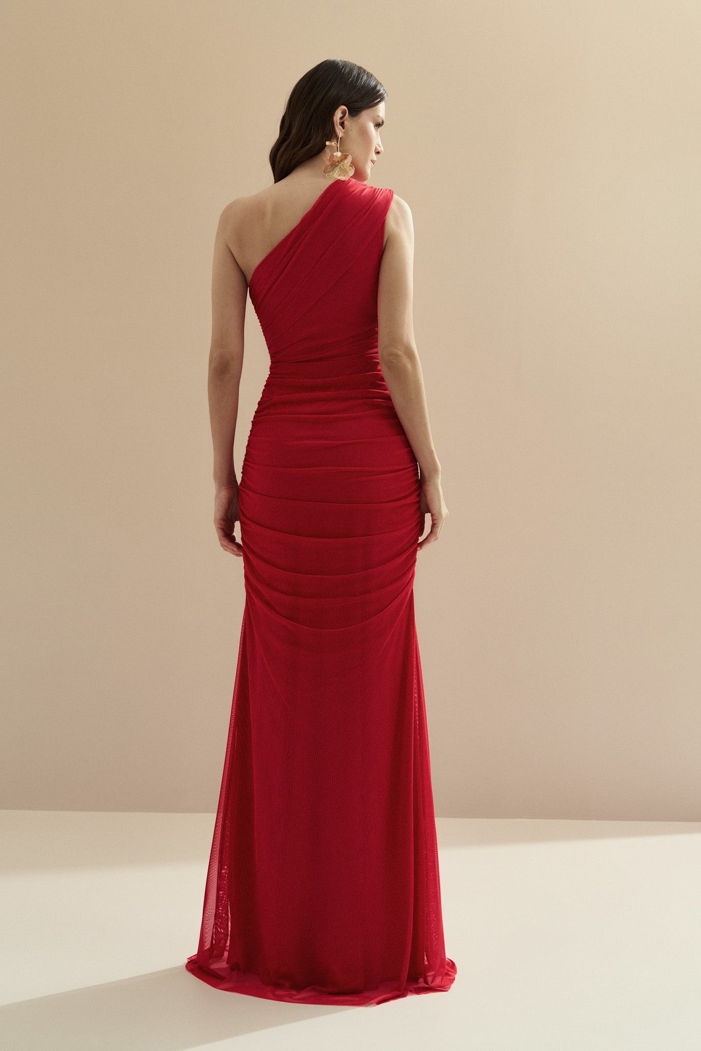Vestido Longo com Ombro Único e Franzidos - Lugano Vermelho