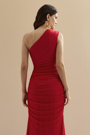 Vestido Longo com Ombro Único e Franzidos - Lugano Vermelho