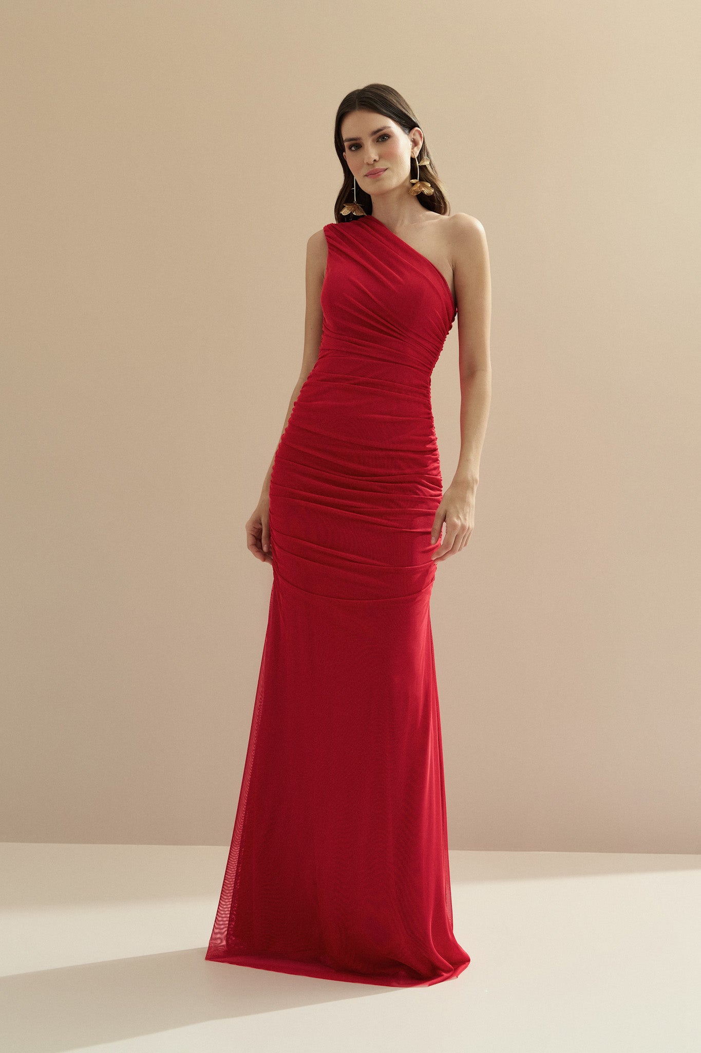 Vestido Longo com Ombro Único e Franzidos - Lugano Vermelho
