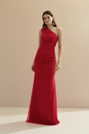 Vestido Longo com Ombro Único e Franzidos - Lugano Vermelho