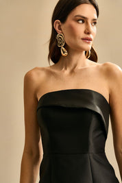 Vestido longo com Pala Assimétrica com Saia Lápis e Fenda traseira - Malásia Preto