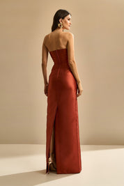 Vestido longo com Pala Assimétrica e Fenda traseira - Malásia Terracota