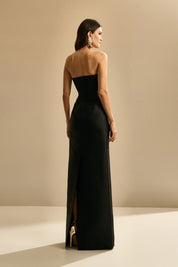 Vestido longo com Pala Assimétrica com Saia Lápis e Fenda traseira - Malásia Preto