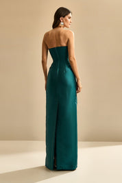 Vestido longo com Pala Assimétrica e Fenda traseira - Malásia Petróleo