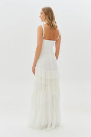 Vestido Longo de Alças com Pérolas e Saia em Babados - Fuji Off White