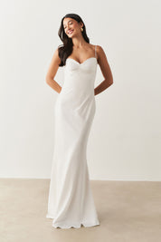 Vestido Longo de Cetim com Decote Coração Franzido - Croácia Off White