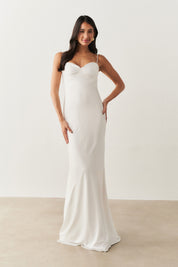 Vestido Longo de Cetim com Decote Coração Franzido - Croácia Off White