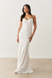 Vestido Longo de Cetim com Decote Coração Franzido - Croácia Off White