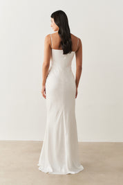 Vestido Longo de Cetim com Decote Coração Franzido - Croácia Off White