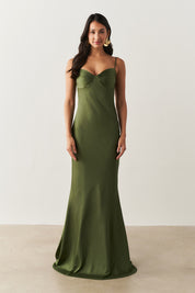 Vestido Longo de Cetim com Decote Coração Franzido - Croácia Oliva