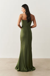 Vestido Longo de Cetim com Decote Coração Franzido - Croácia Oliva