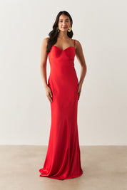 Vestido Longo de Cetim com Decote Coração Franzido - Croácia Vermelho