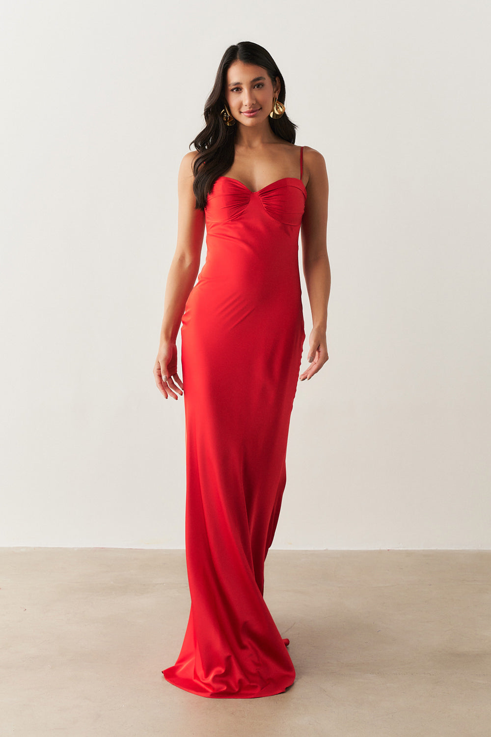 Vestido Longo de Cetim com Decote Coração Franzido - Croácia Vermelho