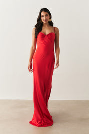 Vestido Longo de Cetim com Decote Coração Franzido - Croácia Vermelho