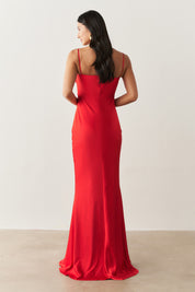 Vestido Longo de Cetim com Decote Coração Franzido - Croácia Vermelho