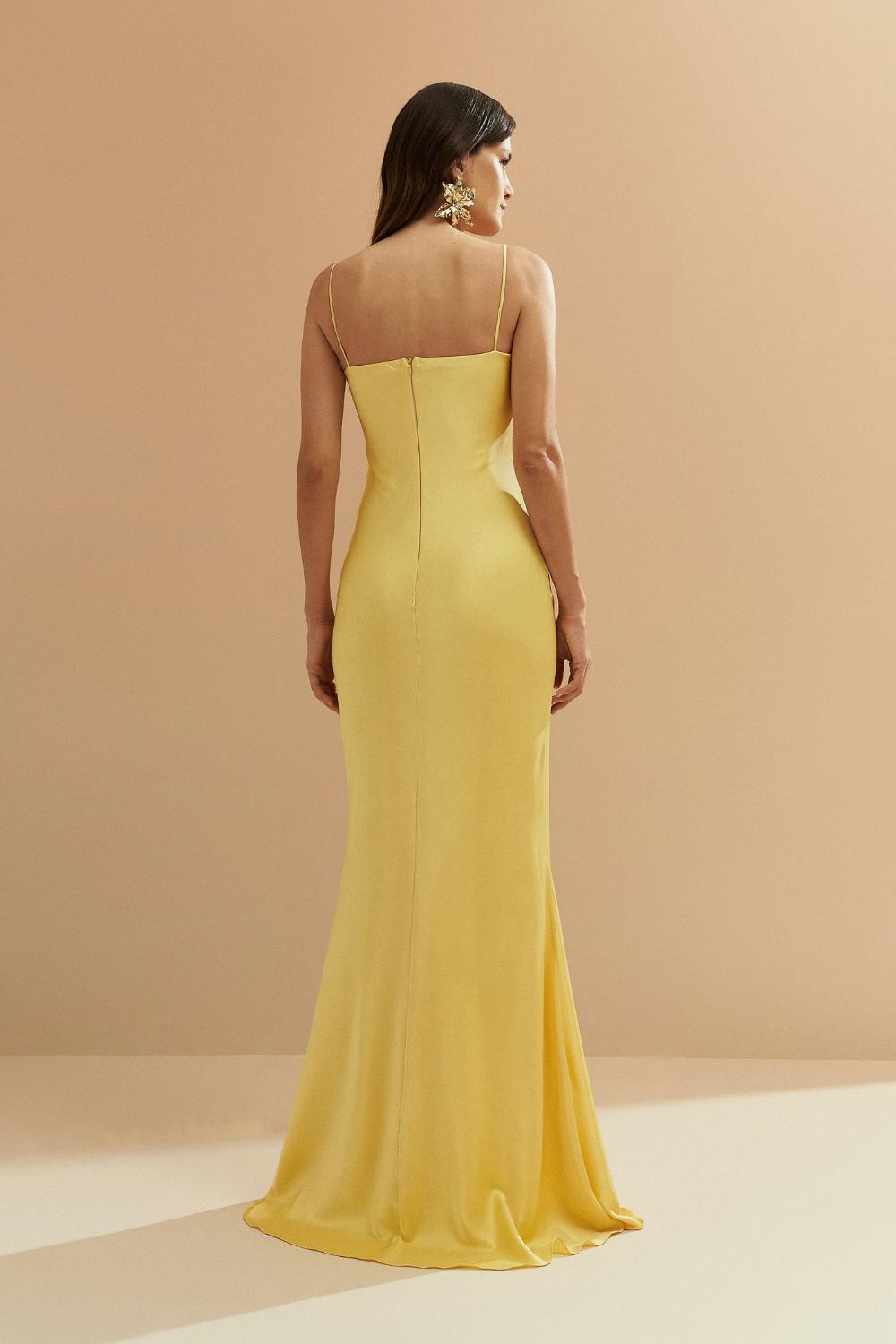 Vestido Longo de Cetim com Decote Coração Franzido - Croácia Amarelo