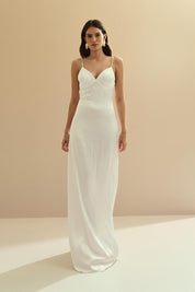 Vestido Longo de Cetim com Decote e Pregas nas Costas - Chile Off White