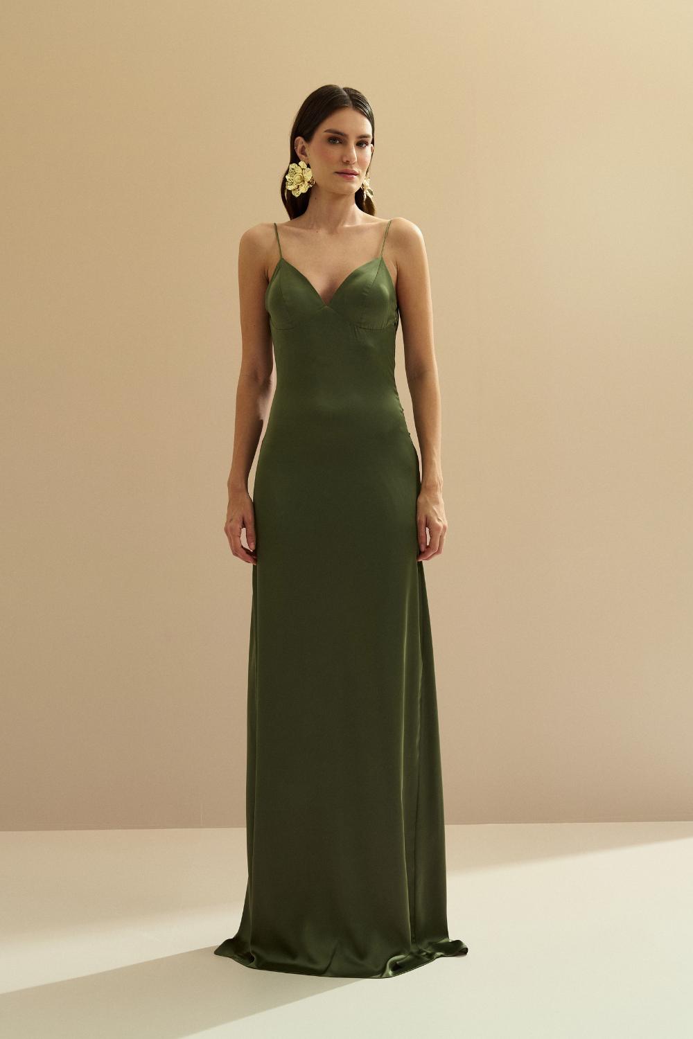 Vestido Longo de Cetim com Decote e Pregas nas Costas - Chile Oliva