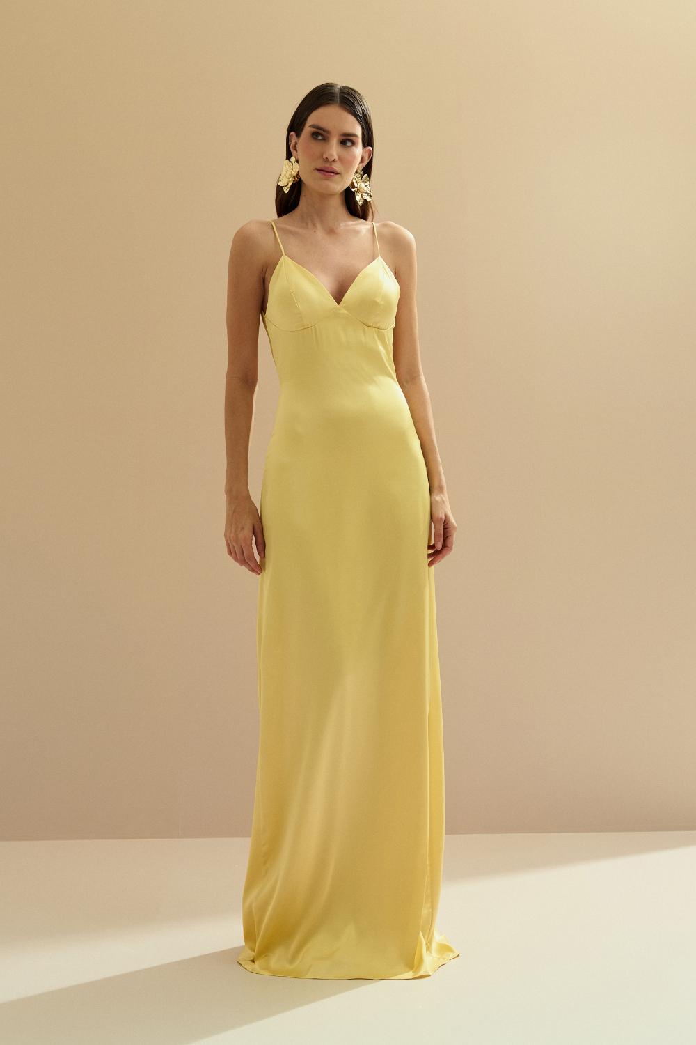 Vestido Longo de Cetim com Decote e Pregas nas Costas - Chile Amarelo Manteiga