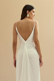 Vestido Longo de Cetim com Decote e Pregas nas Costas - Chile Off White