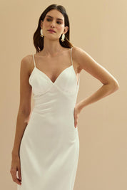 Vestido Longo de Cetim com Decote e Pregas nas Costas - Chile Off White