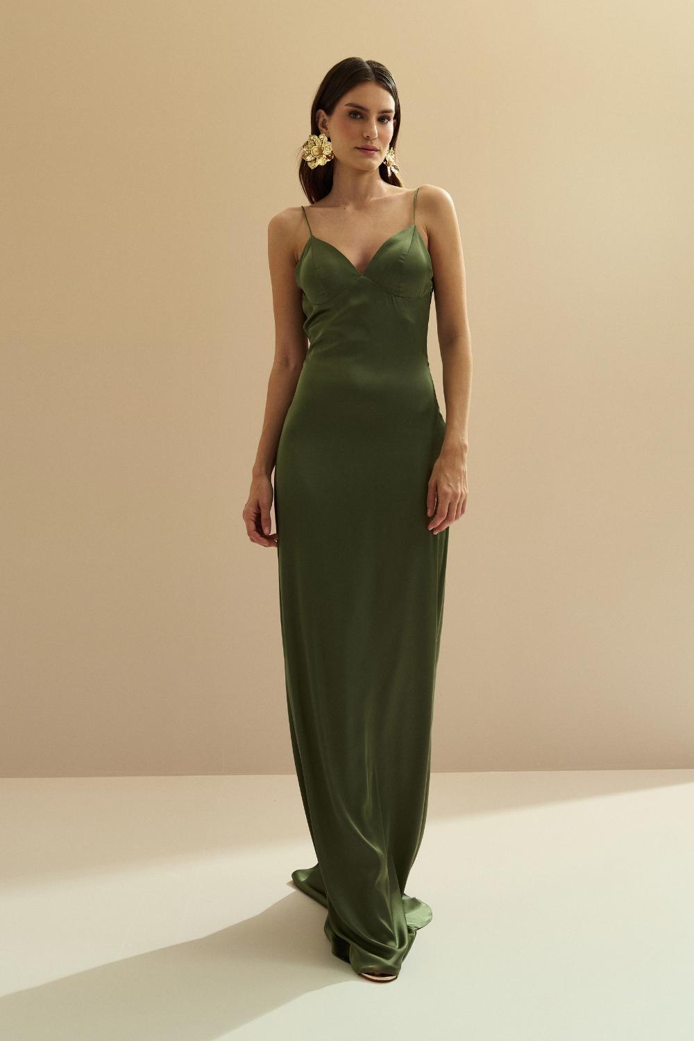 Vestido Longo de Cetim com Decote e Pregas nas Costas - Chile Oliva