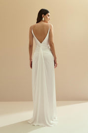 Vestido Longo de Cetim com Decote e Pregas nas Costas - Chile Off White