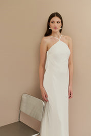 Vestido Long Midi de Cetim com Decote Triangular e Amarração nas Costas - Capri Off White