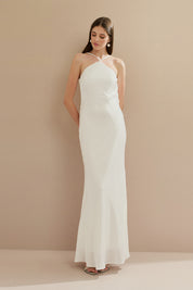 Vestido Long Midi de Cetim com Decote Triangular e Amarração nas Costas - Capri Off White