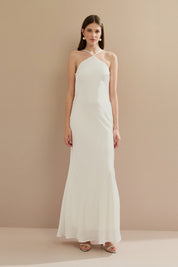 Vestido Long Midi de Cetim com Decote Triangular e Amarração nas Costas - Capri Off White