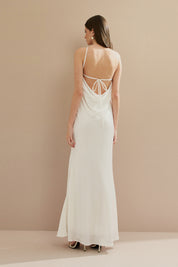 Vestido Long Midi de Cetim com Decote Triangular e Amarração nas Costas - Capri Off White