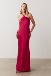 Vestido Longo de Cetim com Decote Triangular e Amarração nas Costas - Capri Pink Escuro