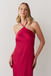 Vestido Longo de Cetim com Decote Triangular e Amarração nas Costas - Capri Pink Escuro