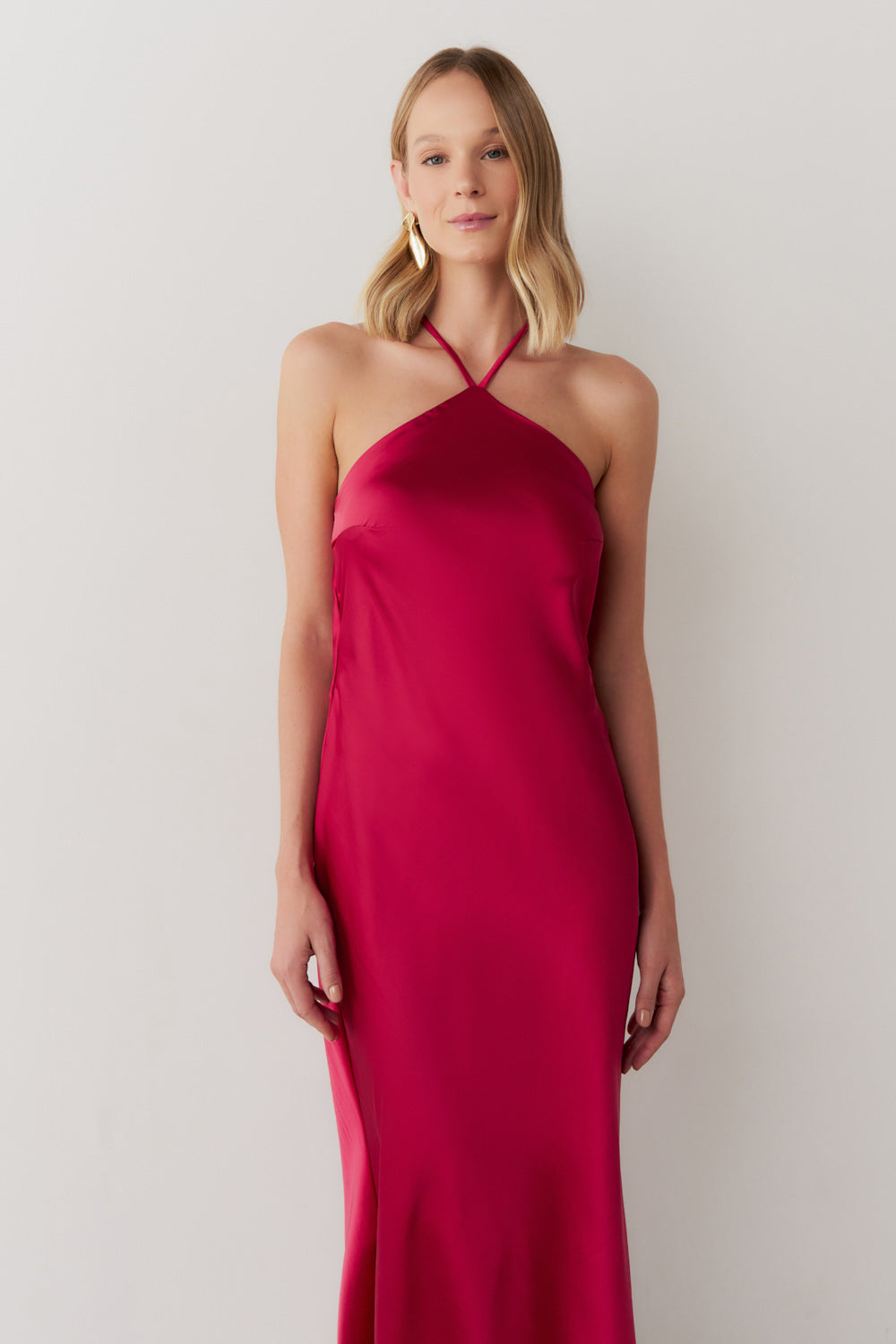Vestido Longo de Cetim com Decote Triangular e Amarração nas Costas - Capri Pink Escuro