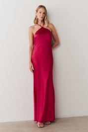Vestido Longo de Cetim com Decote Triangular e Amarração nas Costas - Capri Pink Escuro