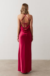 Vestido Longo de Cetim com Decote Triangular e Amarração nas Costas - Capri Pink Escuro