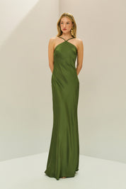 Vestido Long Midi de Cetim com Decote Triangular e Amarração nas Costas - Capri Oliva