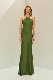 Vestido Long Midi de Cetim com Decote Triangular e Amarração nas Costas - Capri Oliva