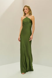 Vestido Long Midi de Cetim com Decote Triangular e Amarração nas Costas - Capri Oliva