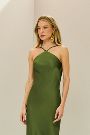 Vestido Long Midi de Cetim com Decote Triangular e Amarração nas Costas - Capri Oliva