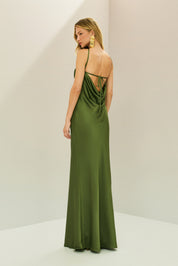 Vestido Long Midi de Cetim com Decote Triangular e Amarração nas Costas - Capri Oliva