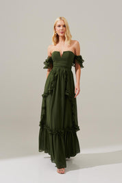 Vestido Longo de Chiffon com Decote em V e Mangas Ombro a Ombro de Babados, Saia Estilo Princesa com Recortes e Babados - Minsk Oliva