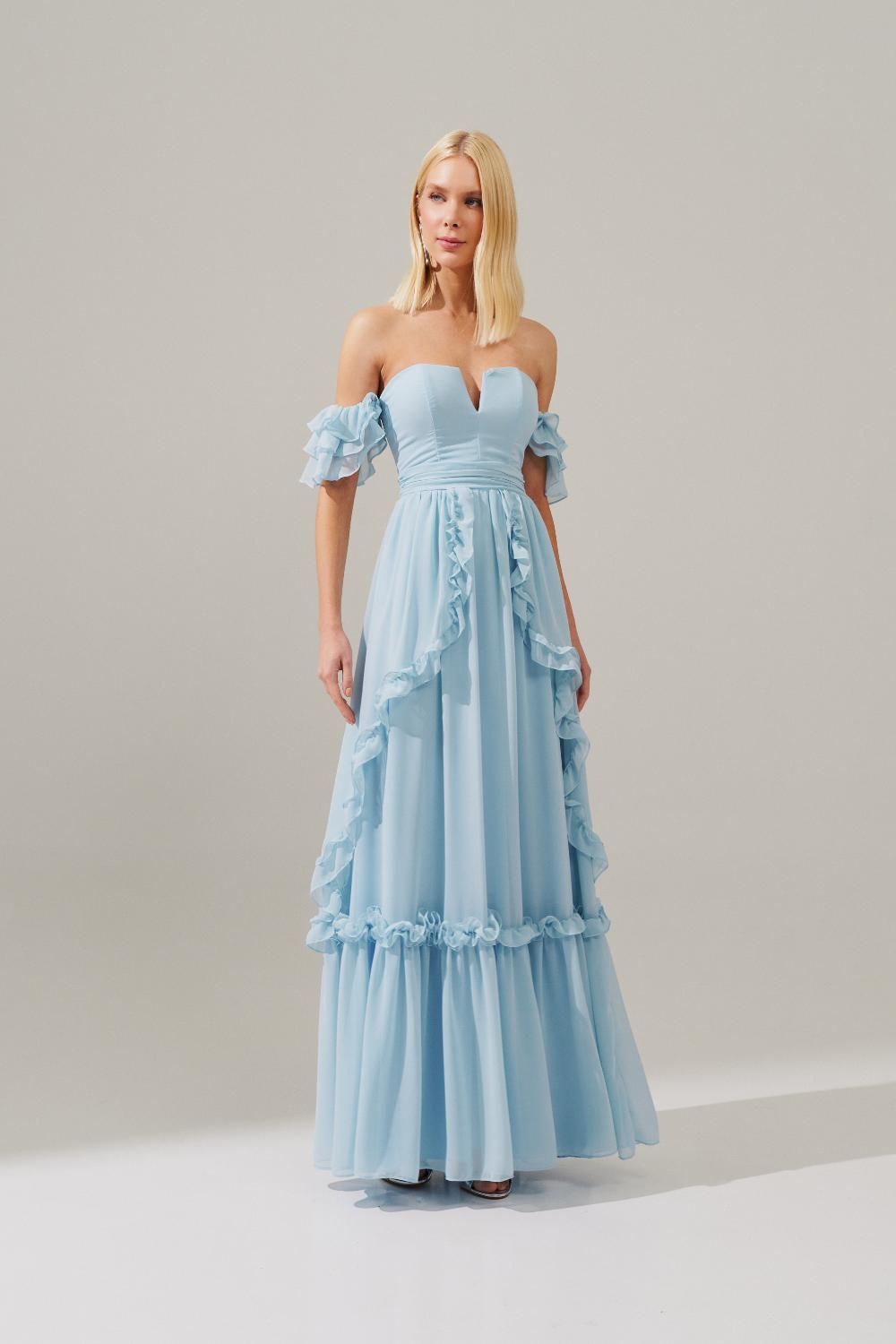 Vestido Longo de Chiffon com Decote em V e Mangas Ombro a Ombro de Babados, Saia Estilo Princesa com Recortes e Babados - Minsk Serenity