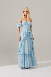 Vestido Longo de Chiffon com Decote em V e Mangas Ombro a Ombro de Babados, Saia Estilo Princesa com Recortes e Babados - Minsk Serenity
