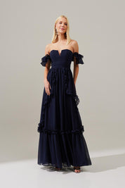 Vestido Longo de Chiffon com Decote em V e Mangas Ombro a Ombro de Babados, Saia Estilo Princesa com Recortes e Babados - Minsk Azul Marinho