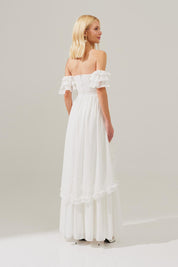 Vestido Longo de Chiffon com Decote em V e Mangas Ombro a Ombro de Babados, Saia Estilo Princesa com Recortes e Babados - Minsk Off White