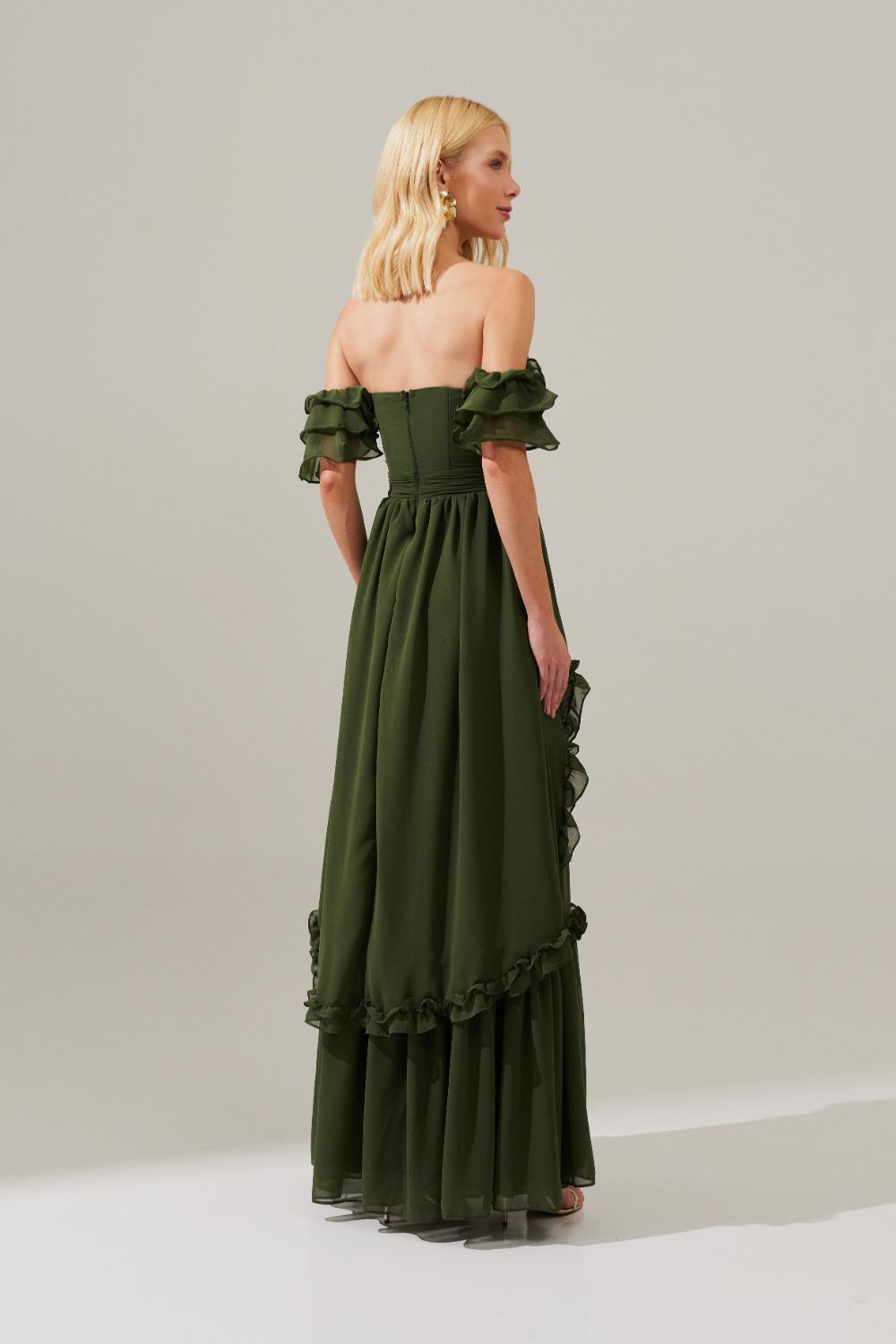 Vestido Longo de Chiffon com Decote em V e Mangas Ombro a Ombro de Babados, Saia Estilo Princesa com Recortes e Babados - Minsk Oliva