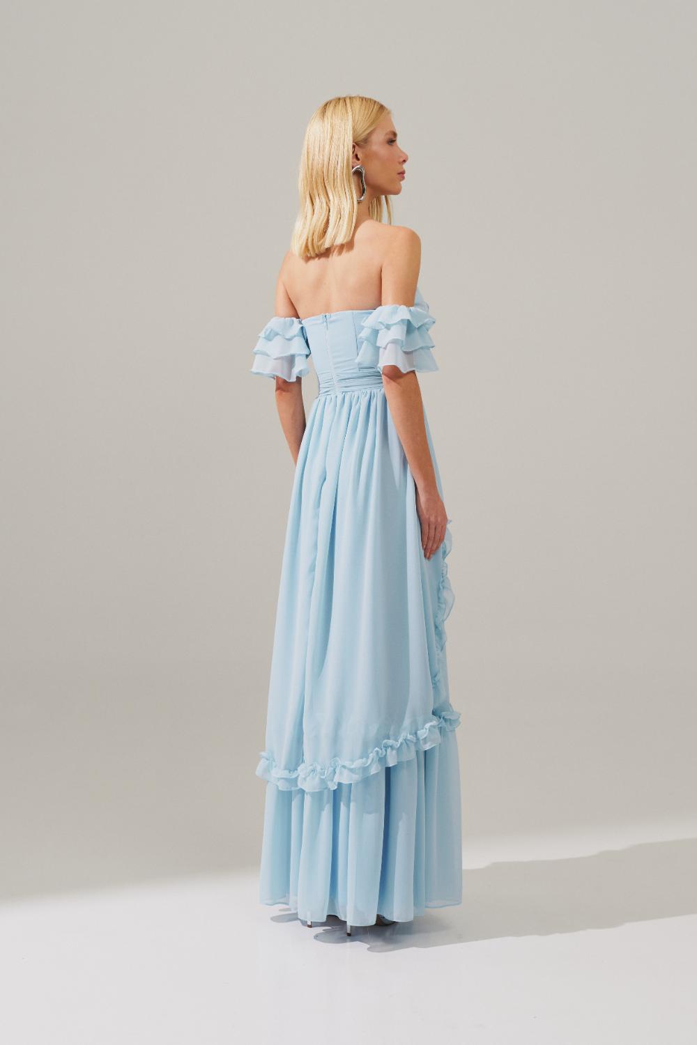 Vestido Longo de Chiffon com Decote em V e Mangas Ombro a Ombro de Babados, Saia Estilo Princesa com Recortes e Babados - Minsk Serenity