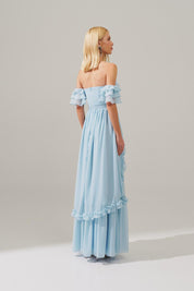 Vestido Longo de Chiffon com Decote em V e Mangas Ombro a Ombro de Babados, Saia Estilo Princesa com Recortes e Babados - Minsk Serenity